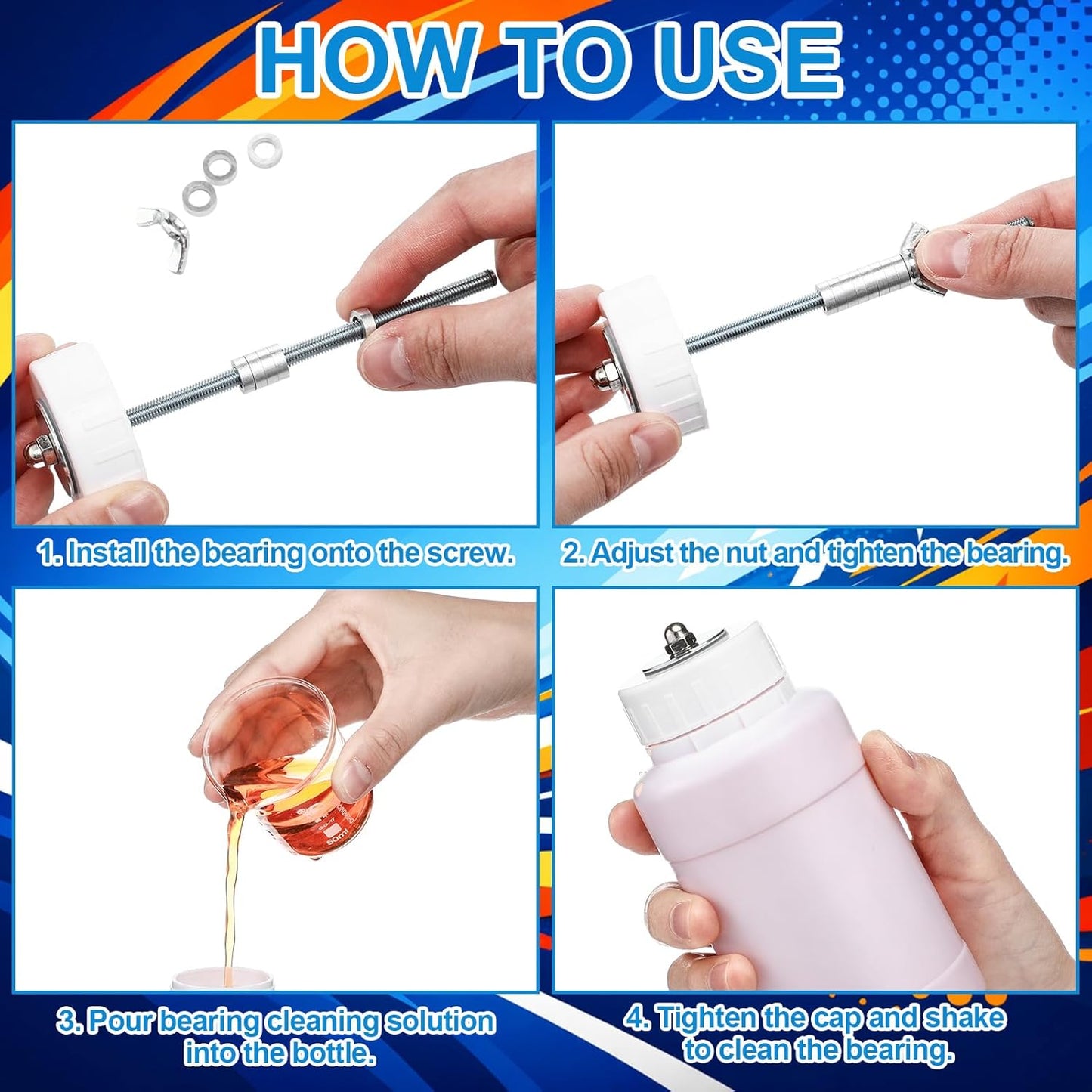 Skate Bearings Cleaning Unit Kit with Bearing Puller, Press Tool and Cleaning Plastic Bottle for Skateboard, Roller Skates Maintenance