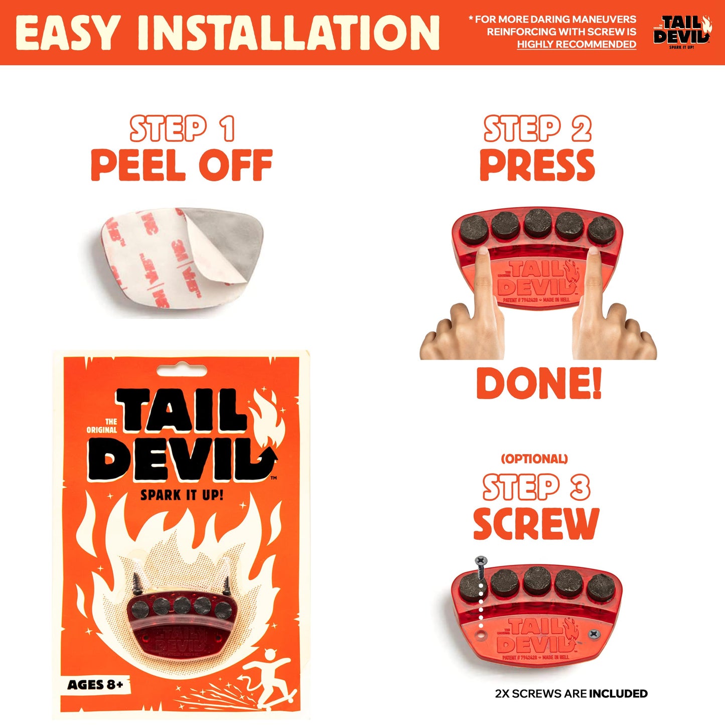Tail Devil Skateboard Spark Plate - Sparks for Your Skateboard, Ultimate Skateboarder's Accessory, A Tail Plate Attachment for Cool Sparking Effect